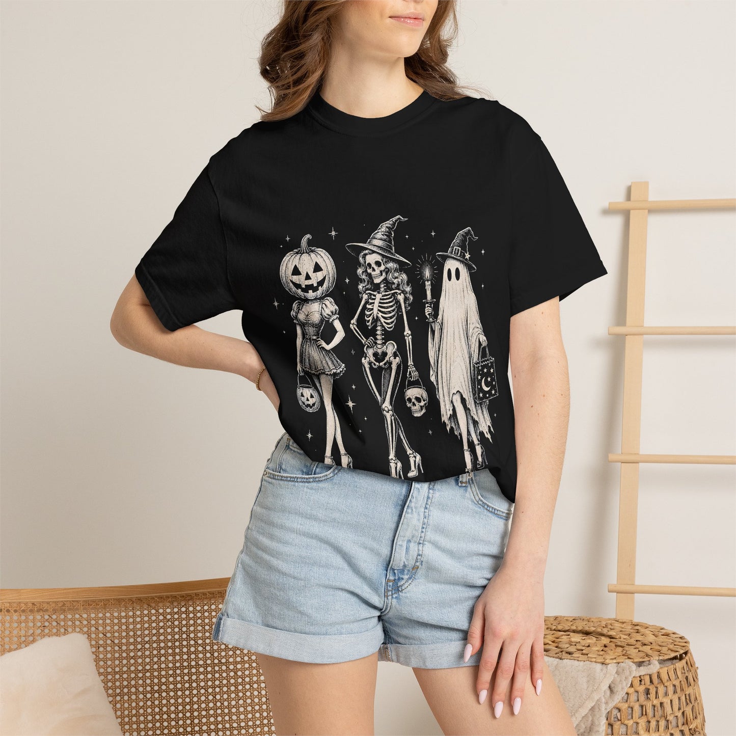 Halloween Trio Costume T-Shirt — Vintage Pumpkin, Skeleton & Ghost Graphic Tee